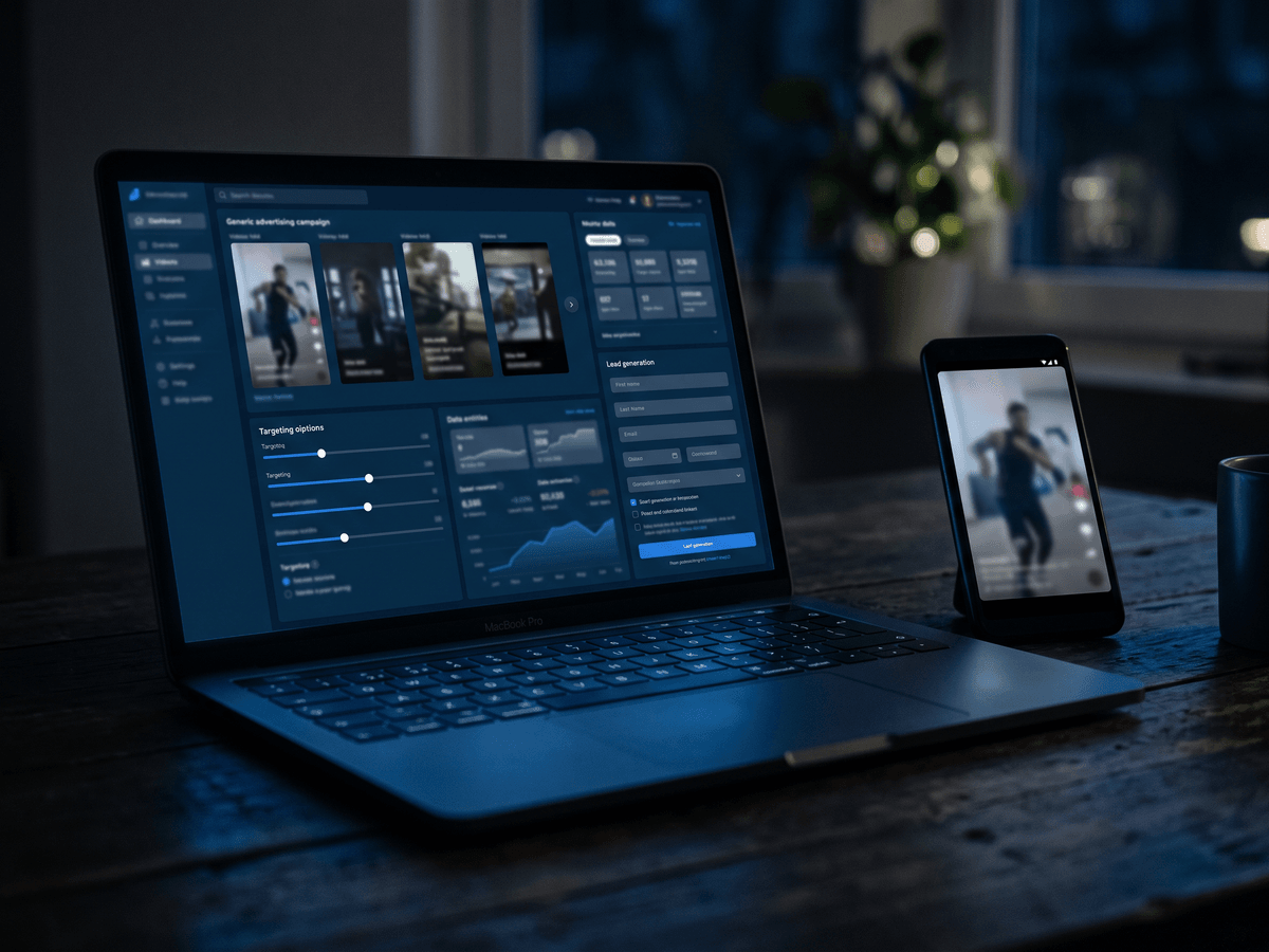 Laptop mit Kampagnen-Übersicht und Hochformat-Anzeigen, Einrichtung von Meta Ads