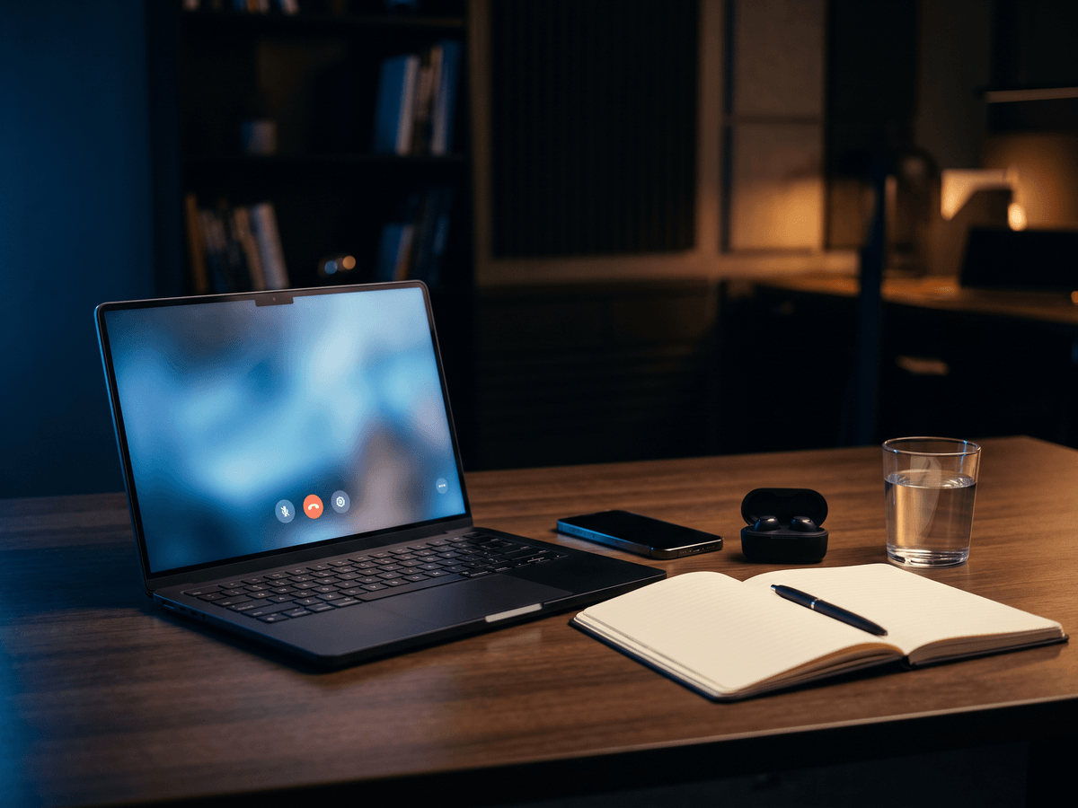 Arbeitsplatz mit Laptop im Video-Call, Onboarding-Gespräch mit PA Creations