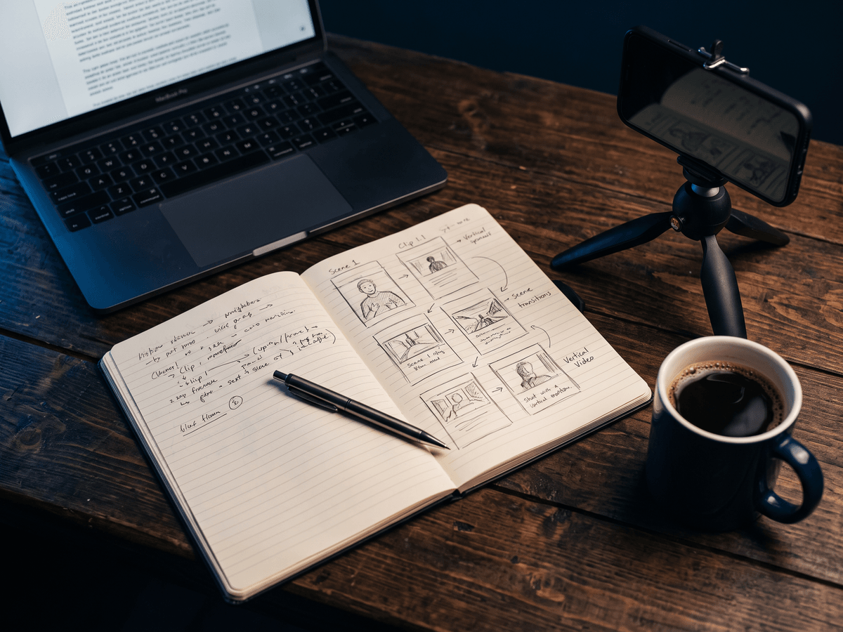 Notizbuch mit Storyboard und Skript für Kurzvideos neben Laptop und Smartphone-Stativ
