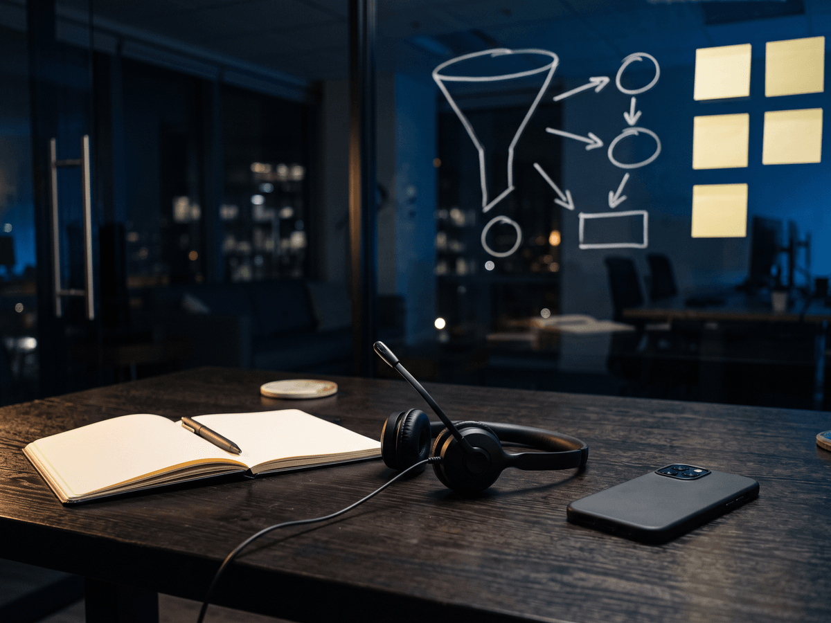 Headset und Notizbuch vor einem Board mit Vertriebs-Trichter, Vertriebsoptimierung