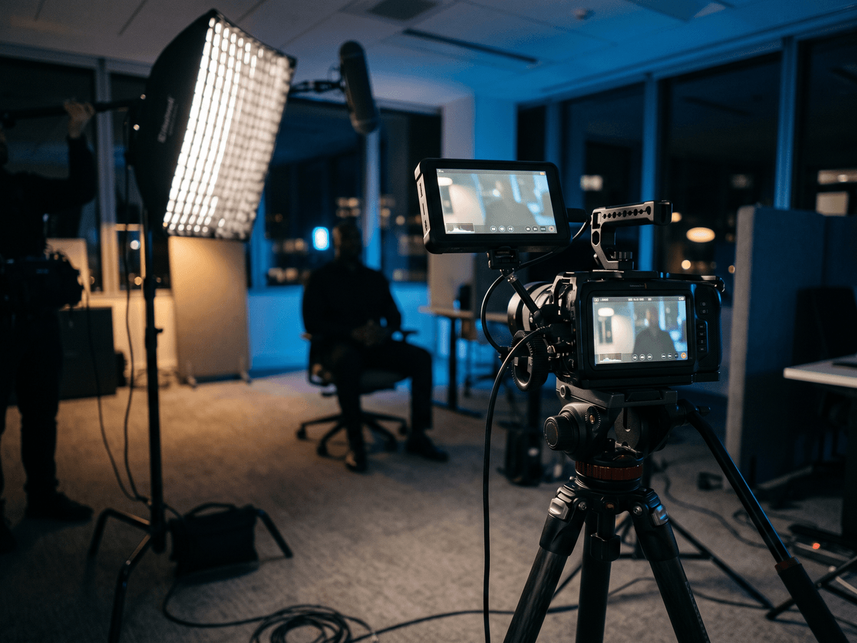 Videodreh mit Kamera, Monitor und Softbox im Büro eines Kunden